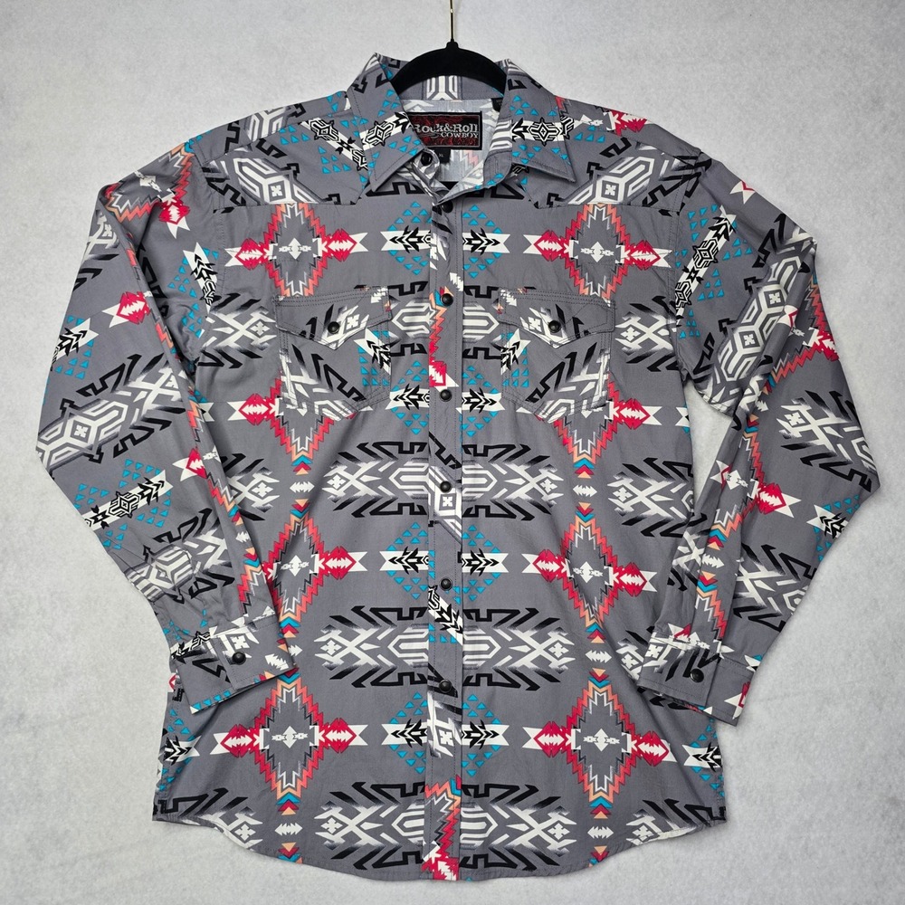 Rock & Roll Cowboy Boys XL Grey Aztec Western Snap Long Sleeve Shirt B8S2315